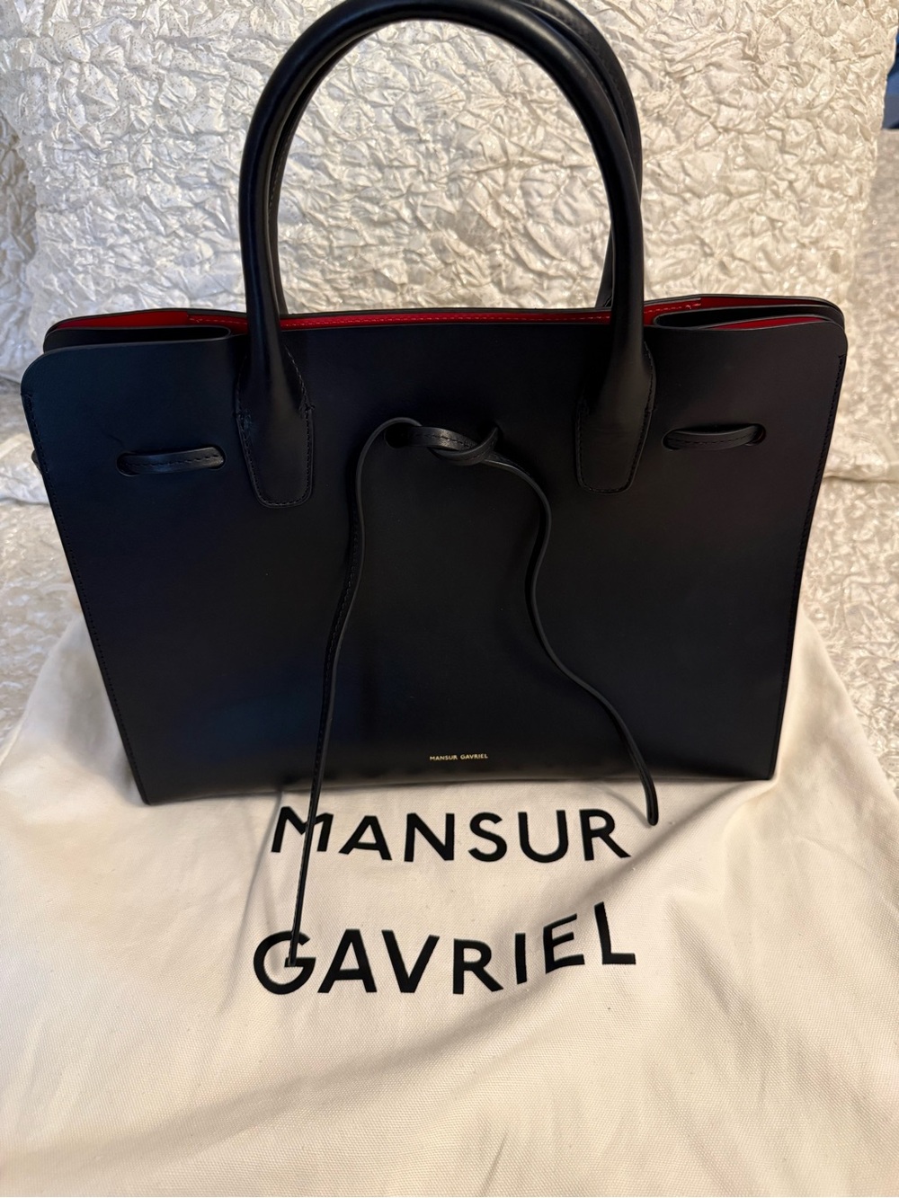 Mansur Gavriel Black Leather Tote with Red Interior Trim